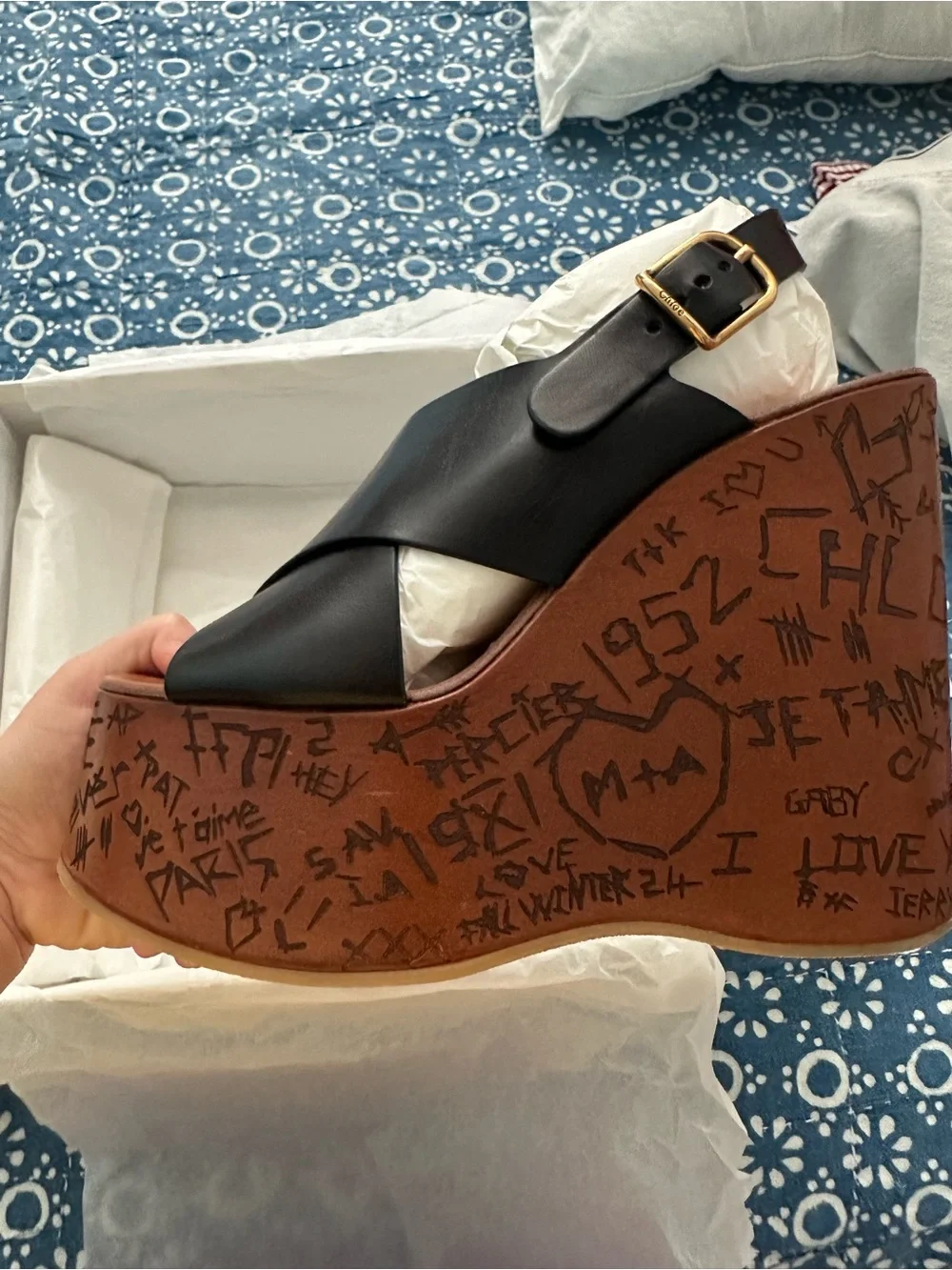 Chloe Black Leather Crisscross Sandals with Branded Wedge Platform